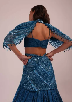 Blue Embroidered Bridal Lehenga And Blouse Set In Crushed Shimmer