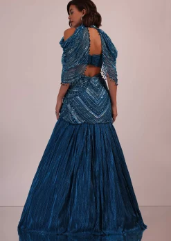 Blue Embroidered Bridal Lehenga And Blouse Set In Crushed Shimmer