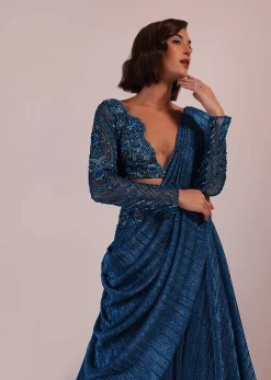 Blue Embroidered Bridesmaid Drape Saree And Blouse Set In Crushed Shimmer