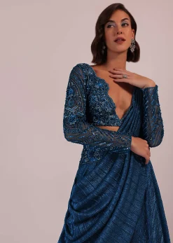 Blue Embroidered Bridesmaid Drape Saree And Blouse Set In Crushed Shimmer