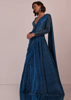 Blue Embroidered Bridesmaid Drape Saree And Blouse Set In Crushed Shimmer