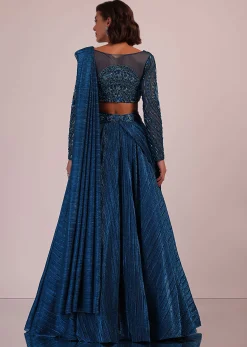 Blue Embroidered Bridesmaid Drape Saree And Blouse Set In Crushed Shimmer