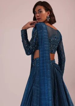 Blue Embroidered Bridesmaid Drape Saree And Blouse Set In Crushed Shimmer