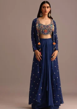 Blue Embroidered Croptop With Drape Skirt And Tussar Jacket