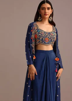 Blue Embroidered Croptop With Drape Skirt And Tussar Jacket