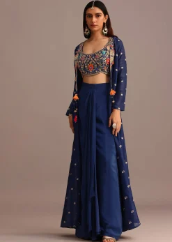 Blue Embroidered Croptop With Drape Skirt And Tussar Jacket