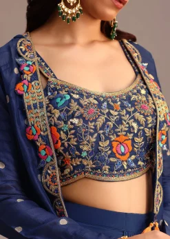 Blue Embroidered Croptop With Drape Skirt And Tussar Jacket