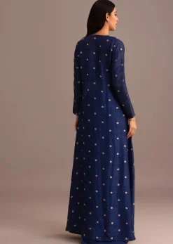 Blue Embroidered Croptop With Drape Skirt And Tussar Jacket
