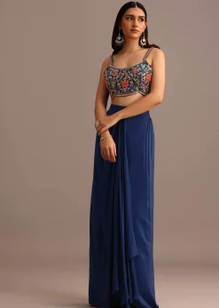Blue Embroidered Croptop With Drape Skirt And Tussar Jacket