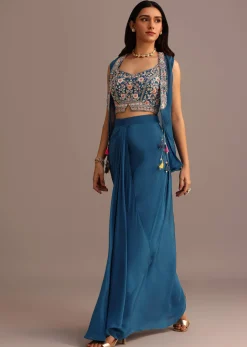 Blue Embroidered Croptop With Drape Skirt And Organza Jacket
