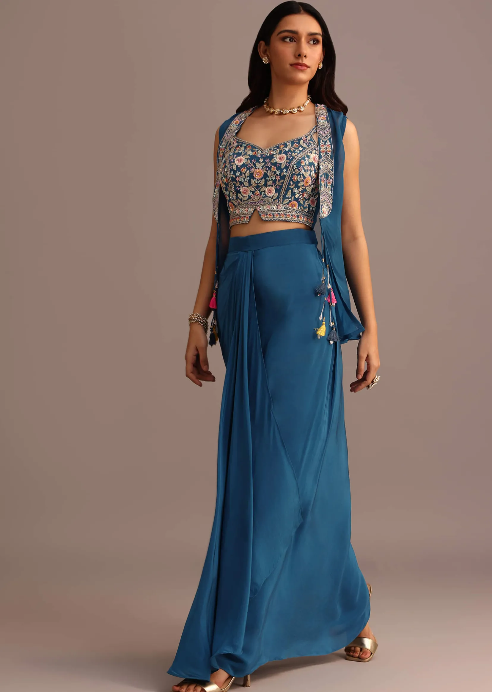 Blue Embroidered Croptop With Drape Skirt And Organza Jacket