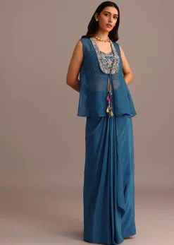 Blue Embroidered Croptop With Drape Skirt And Organza Jacket