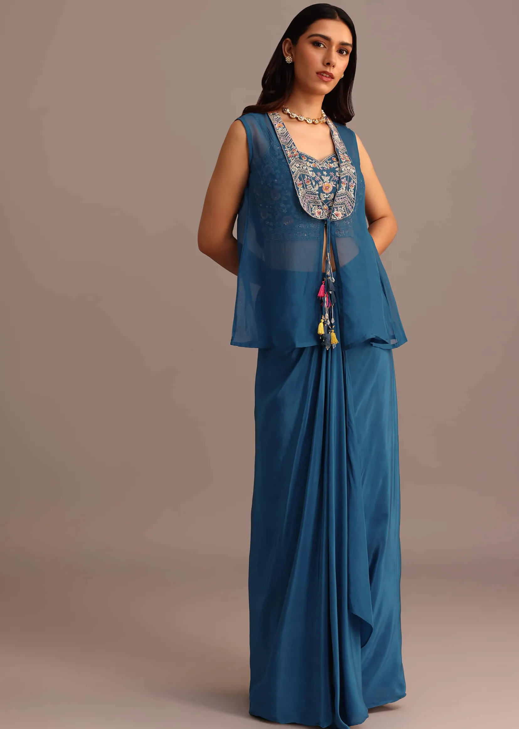 Blue Embroidered Croptop With Drape Skirt And Organza Jacket