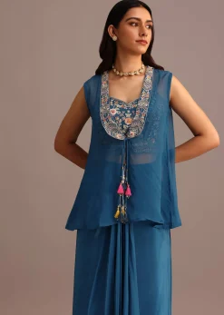 Blue Embroidered Croptop With Drape Skirt And Organza Jacket