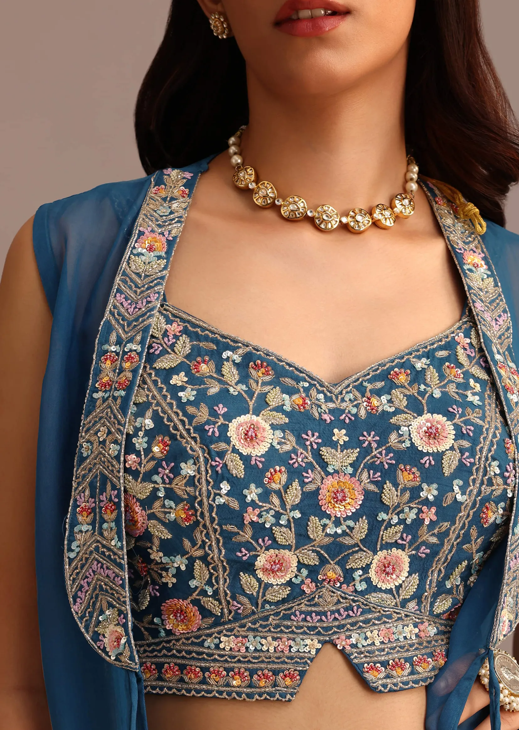 Blue Embroidered Croptop With Drape Skirt And Organza Jacket