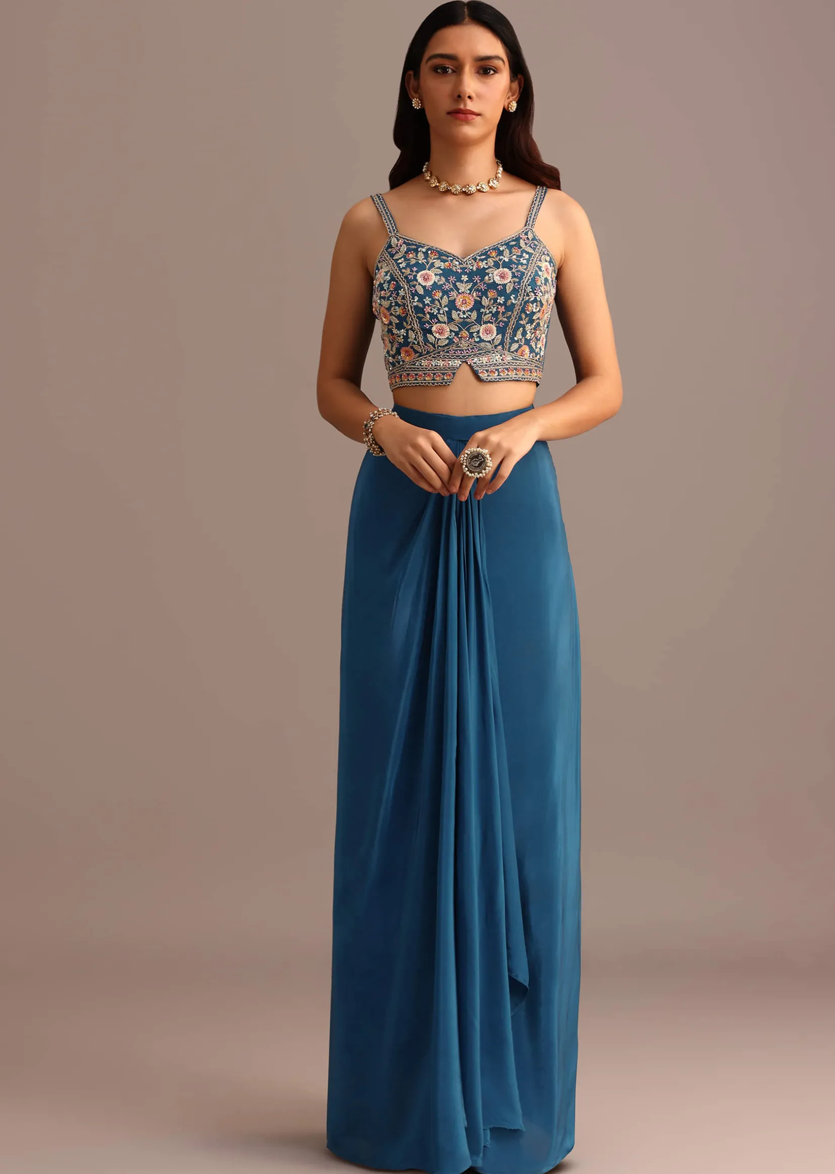 Blue Embroidered Croptop With Drape Skirt And Organza Jacket