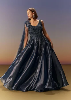 Blue Embroidered Gown With Asymmetric Shoulder Cape
