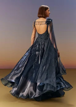 Blue Embroidered Gown With Asymmetric Shoulder Cape