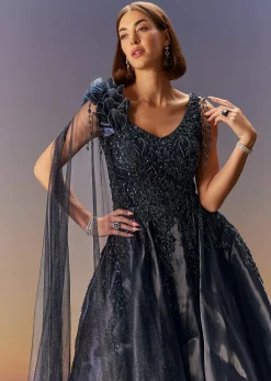 Blue Embroidered Gown With Asymmetric Shoulder Cape