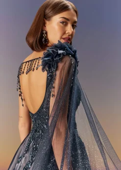 Blue Embroidered Gown With Asymmetric Shoulder Cape