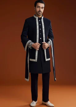 Blue Embroidered Indo Western Jacket Set With Dupatta