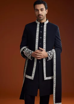 Blue Embroidered Indo Western Jacket Set With Dupatta