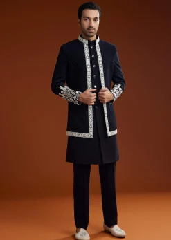 Blue Embroidered Indo Western Jacket Set With Dupatta