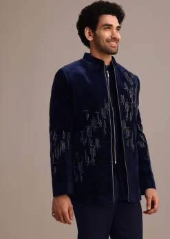 Blue Embroidered Indo Western Set in Velvet