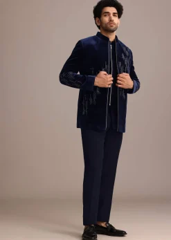 Blue Embroidered Indo Western Set in Velvet