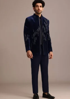 Blue Embroidered Indo Western Set in Velvet