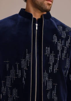 Blue Embroidered Indo Western Set in Velvet