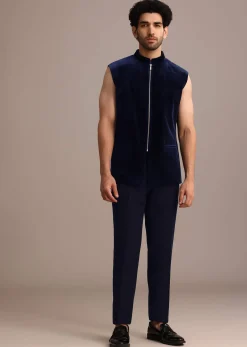Blue Embroidered Indo Western Set in Velvet