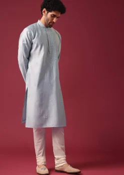 Blue Embroidered Kurta Set In Silk