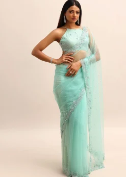 Blue Embroidered Net Saree With Unstitched Blouse