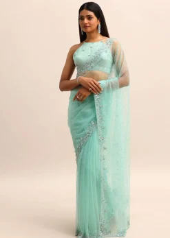 Blue Embroidered Net Saree With Unstitched Blouse