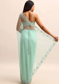 Blue Embroidered Net Saree With Unstitched Blouse