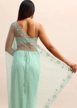 Blue Embroidered Net Saree With Unstitched Blouse