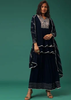 Blue Embroidered Palazzo Suit Set In Georgette With Double Peplum Top