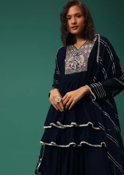 Blue Embroidered Palazzo Suit Set In Georgette With Double Peplum Top
