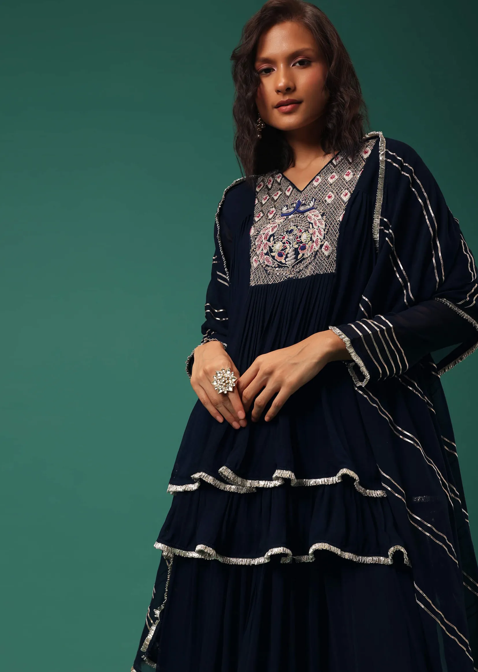 Blue Embroidered Palazzo Suit Set In Georgette With Double Peplum Top
