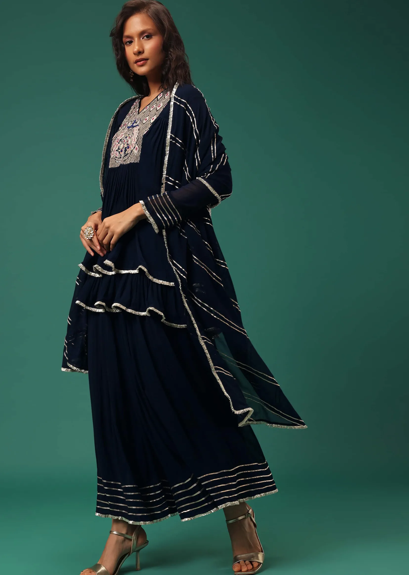 Blue Embroidered Palazzo Suit Set In Georgette With Double Peplum Top