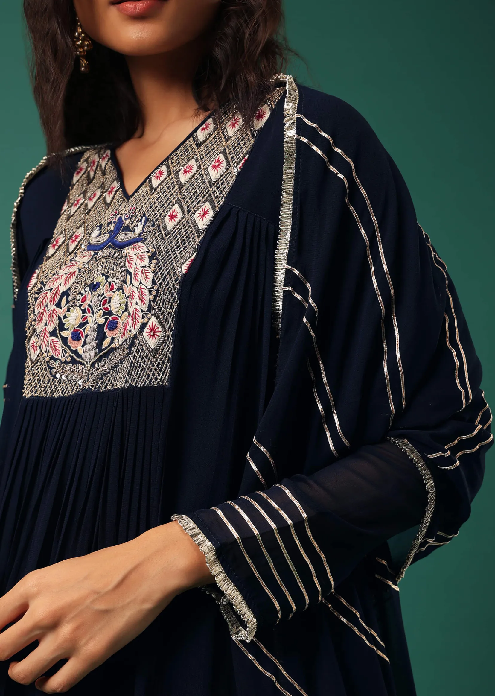 Blue Embroidered Palazzo Suit Set In Georgette With Double Peplum Top