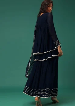 Blue Embroidered Palazzo Suit Set In Georgette With Double Peplum Top
