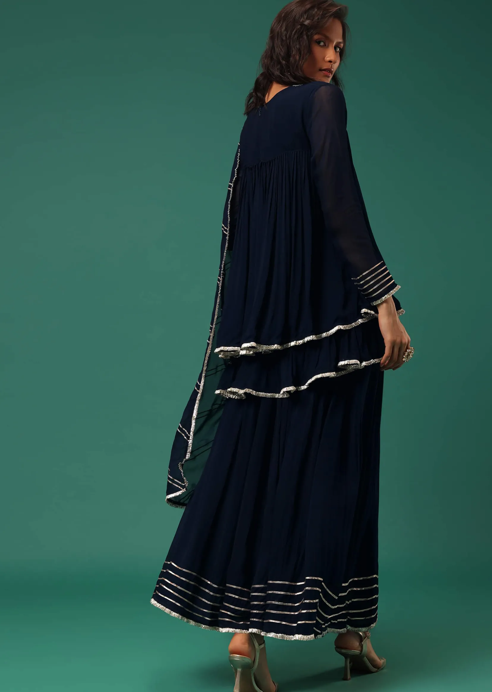 Blue Embroidered Palazzo Suit Set In Georgette With Double Peplum Top