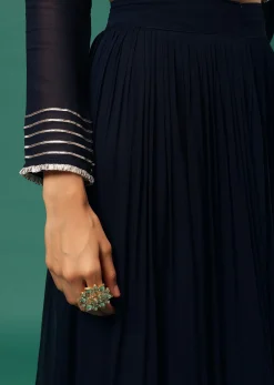 Blue Embroidered Palazzo Suit Set In Georgette With Double Peplum Top