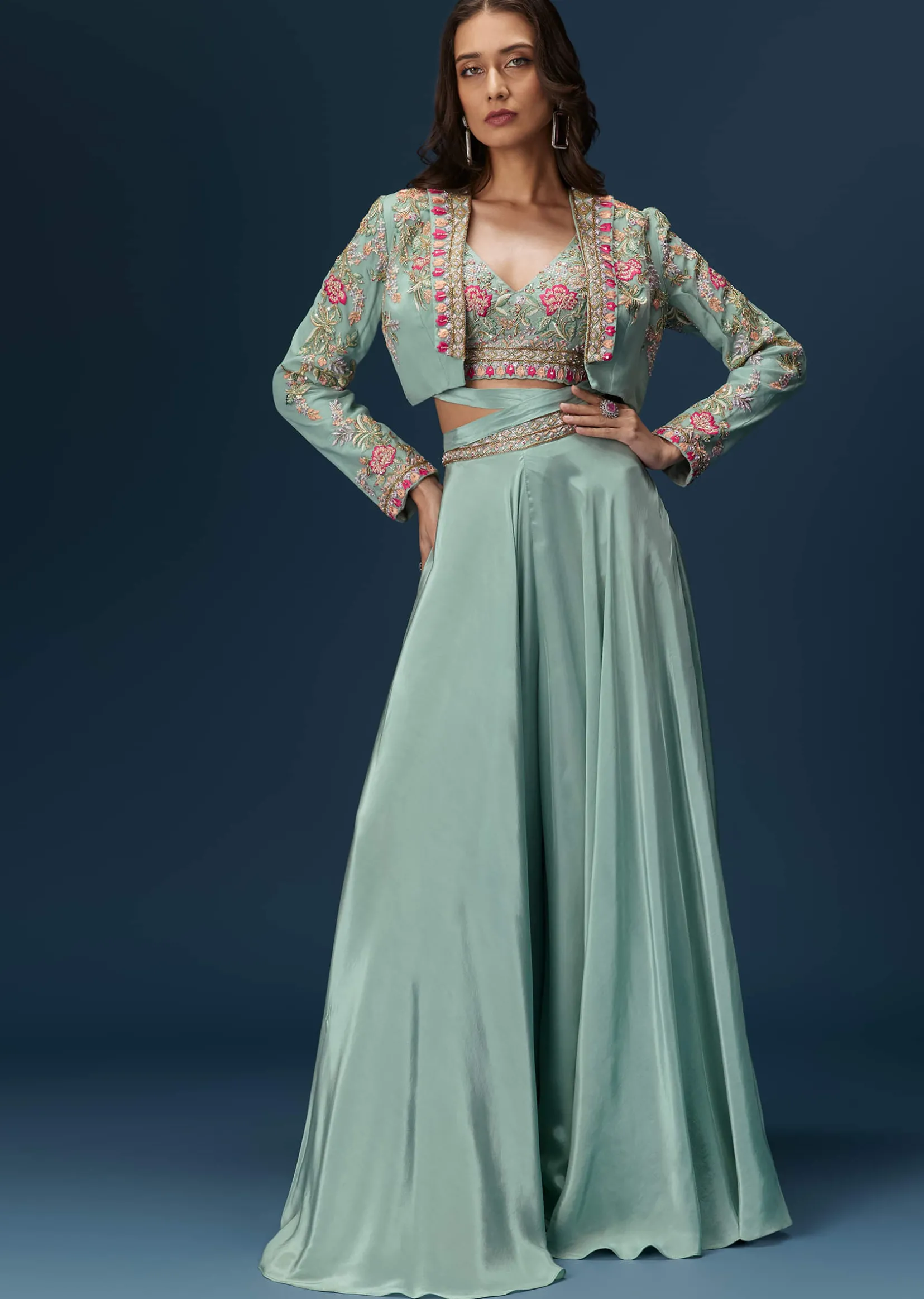 Blue Embroidered Palazzo Set With Coordinated Jacket And Blouse