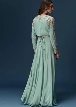 Blue Embroidered Palazzo Set With Coordinated Jacket And Blouse