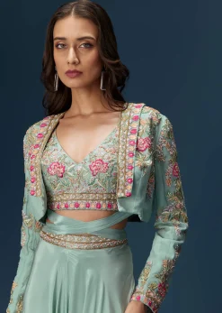 Blue Embroidered Palazzo Set With Coordinated Jacket And Blouse