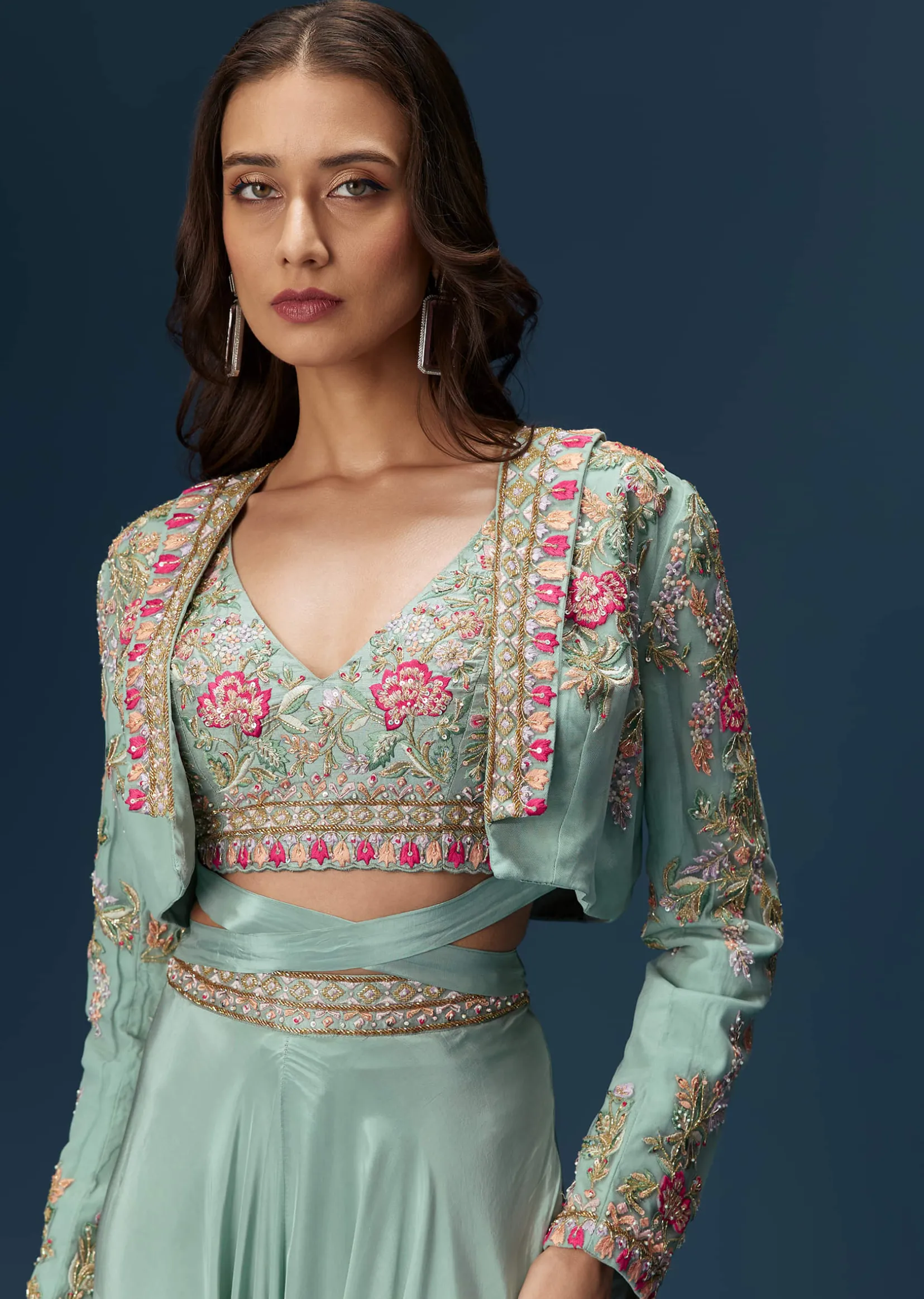 Blue Embroidered Palazzo Set With Coordinated Jacket And Blouse