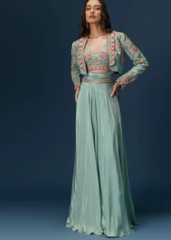 Blue Embroidered Palazzo Set With Coordinated Jacket And Blouse